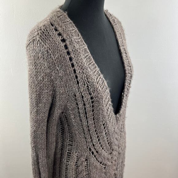 DUFFY Brown Gray Wool Alpaca Blend Cable Knit Deep V-Neckline Sweater Size L - Picture 5 of 9